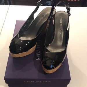 Stuart Weitzman Excise Black Patent platform sandal, Sz 7.5
